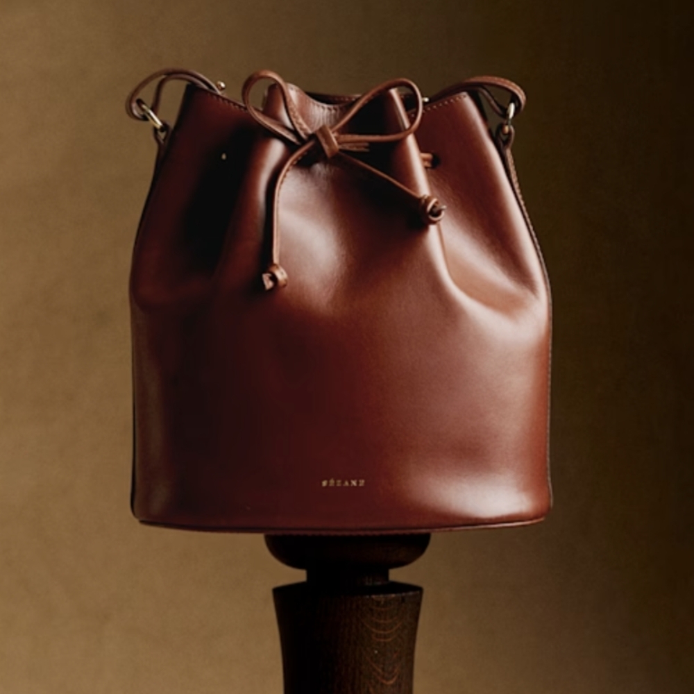 Sezane Farrow Brown Leather Bucket Bag with Drawstring Closure